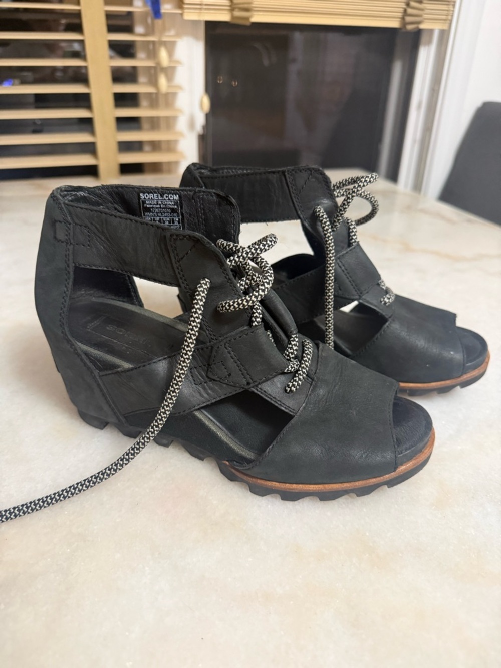 Sorel Black Lace-Up Cutout Joanie Wedge Sandals